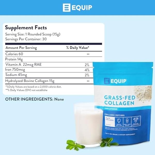 Equip Foods Grass Fed Collagen Powder | Hydrolyzed Bovine Collagen Peptides with Amino Acids | Prime Beef Collagen for Healthy Joints, Skin & Nails | Non-GMO, Paleo Friendly | 30 S