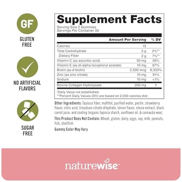 NatureWise Collagen Gummies - Sugar-Free Hydrolyzed Collagen Gummies - Type 1 & 3 Peptides for Women + Biotin, Vitamin C, E, & Zinc for Hair Skin and Nails Support - 60 Count[1-Mon
