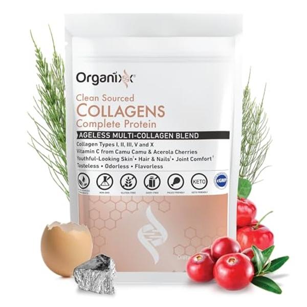 Organixx Collagen Peptides Powder with Vitamin C, Types I, II, III, V, X Hydrolyzed Collagen, Hair, Nail, Skin, Bone & Joint Health, Aging Support, Clean Sourced, Gluten Free, Unfl