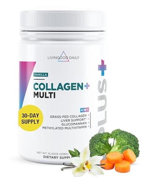 Livingood Daily Collagen Powder for Women and Men, Vanilla, Grass Fed Protein, Hydrolyzed Collagen Peptides with Vitamin C & Multi Vitamins for Hair, Skin, Nail & Gut Health, Glute