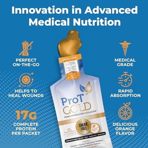 ProT Gold Liquid Collagen Protein Shot, 17g Clear Protein Nano-Hydrolyzed Grass Fed Collagen, 2g Arginine for Wound Support, Gluten Free, Sugar Free, 0g Carbs, Orange Creme, 1 fl o