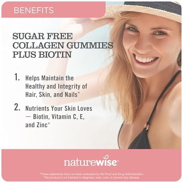 NatureWise Collagen Gummies - Sugar-Free Hydrolyzed Collagen Gummies - Type 1 & 3 Peptides for Women + Biotin, Vitamin C, E, & Zinc for Hair Skin and Nails Support - 60 Count[1-Mon