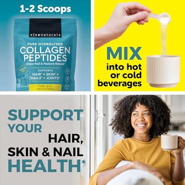Hydrolyzed Collagen Peptides Powder - 1 lb Grass-Fed & Pasture-Raised Collagen for Women, Type I & III Unflavored Bovine Collagen Powder for Men, Collagen Protein Powder For Hair, 