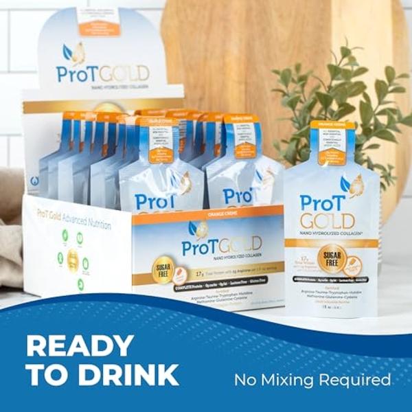 ProT Gold Liquid Collagen Protein Shot, 17g Clear Protein Nano-Hydrolyzed Grass Fed Collagen, 2g Arginine for Wound Support, Gluten Free, Sugar Free, 0g Carbs, Orange Creme, 1 fl o