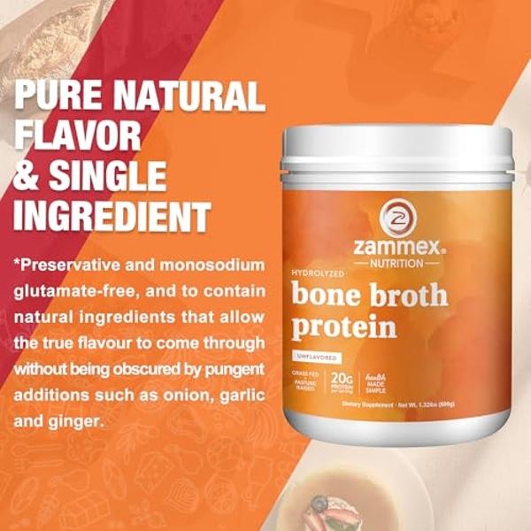 Zammex Pure Grass Fed Beef Bone Broth Protein Powder,20g Protein, Hydrolyzed Collagen Supplement for Healthy Skin,Nails,Hair,Joints, Non-GMO,Gluten Free,Paleo & Keto Friendly, Grea