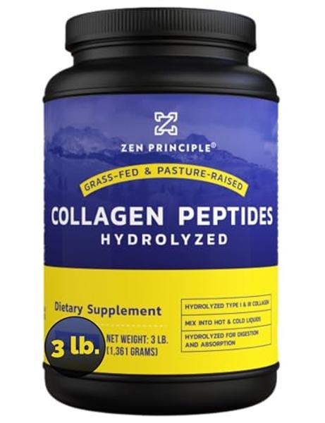 Zen Principle Grass-Fed Collagen Peptides 3 lb. Custom Anti-Aging Hydrolyzed Protein Powder for Healthy Hair, Skin, Joints & Nails. Paleo and Keto Friendly, GMO and Gluten Free, Pa