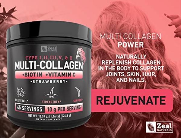 Premium Multi Collagen Peptides Protein Powder (1, 2, 3, 5 & 10) with Vitamin C, Biotin, Hyaluronic Acid, for Hair Skin and Nails - Marine, Bovine, Chicken & Eggshell (Strawberry, 