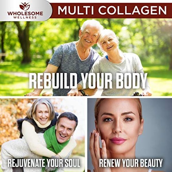 Wholesome Wellness Super-Absorb Multi Collagen Pills (Type I II III V X) Organic Herbs & Bioperine - Hair, Skin, Nails, Joints - Hydrolyzed Peptides Protein Supplement for Women & 