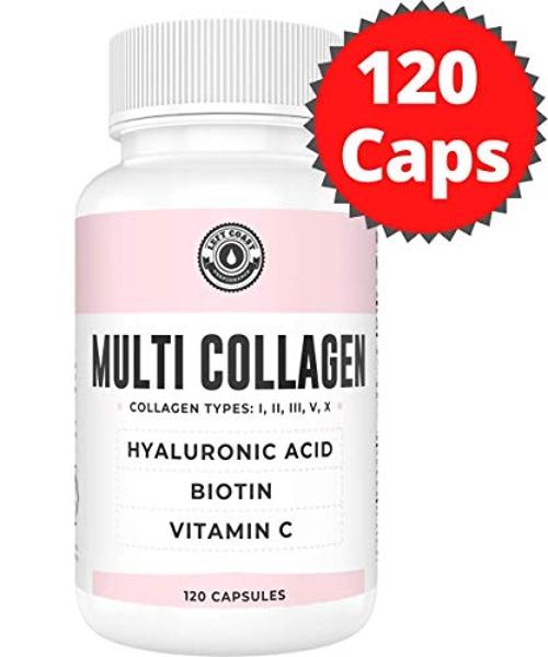 Collagen Capsules with Biotin, Hyaluronic Acid, Vitamin C, Hydrolyzed Multi Collagen Peptide Capsules Types I, II, III, V, X For Skin, Hair, Nails and Joint Health Supplement* 120 