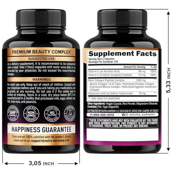 Multi Collagen Peptides - Hydrolyzed Types I, II, III, V & X - Collagen Supplement for Women 1300mg - w/ Hyaluronic Acid, Vitamins C & E - Skin, Hair, Nails & Joint Support - Made 
