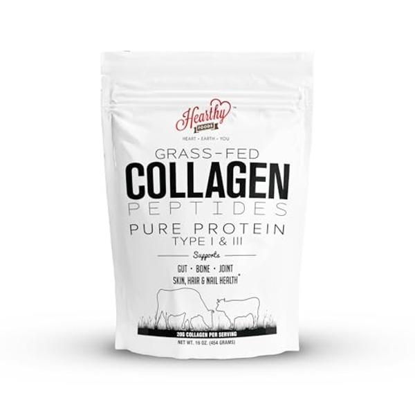HEARTHY FOODS Collagen Powder - 18g Protein - Pure Halal Collagen Peptides Grass Fed Organic Hydrolyzed Powder | Type I and III Unflavoured Keto Friendly Gluten Free No Sugar Non G