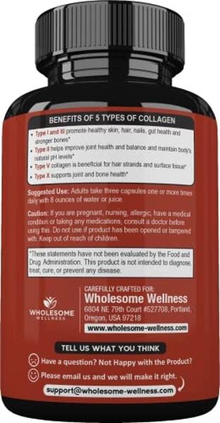 Wholesome Wellness Super-Absorb Multi Collagen Pills (Type I II III V X) Organic Herbs & Bioperine - Hair, Skin, Nails, Joints - Hydrolyzed Peptides Protein Supplement for Women & 
