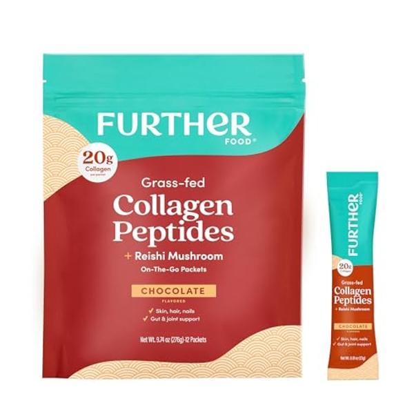 Further Food Chocolate Collagen Peptides Powder Stick Packs, Grass-Fed Pasture-Raised Hydrolyzed Type 1 & 3 Protein, Gut Health + Joint, Hair, Skin, Nails, Paleo Keto Sugar-Free 9.
