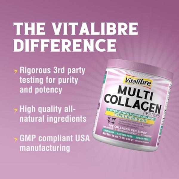 Vitalibre Multi Collagen Peptides Powder Type I II III V X, Hydrolyzed Collagen Protein for Women and Men, Skin, Hair, Nails, Unflavored, Non-GMO, Keto & GF, Zero Sugar, 45 Serving