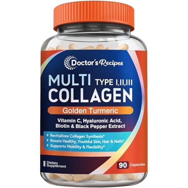 Doctor's Recipes Multi Collagen Peptides with Golden Turmeric, Vitamin C, Biotin, Hyaluronic Acid & Black Pepper, Collagen Supplements for Skin, Hair, Nail, Collagen for Women and 