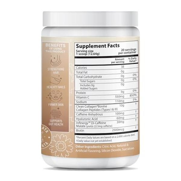 ABOUT YOUR COLLAGEN Peptide Energy Collagen Powder Hair, Nail, Skin, Type I & III,Caffeine for Energy, Vitamin C, Biotin, Hyaluronic Acid, Zero Sugar – 8.92 oz (Horchata)
