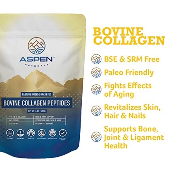 ASPEN NATURALS Bovine Collagen Peptides Powder 24 Oz – Type I & III | Grass Fed, Pasture Raised | Healthy Hair, Skin & Nails | Gut Support | Paleo Friendly, Unflavoured, Gluten-Fre