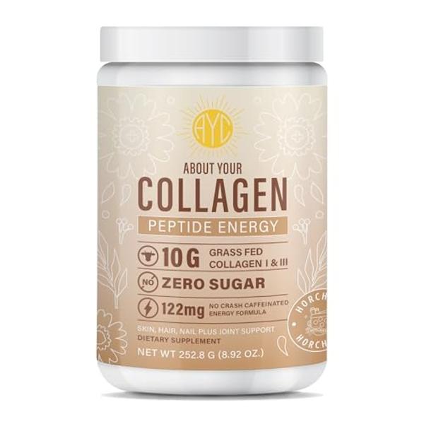 ABOUT YOUR COLLAGEN Peptide Energy Collagen Powder Hair, Nail, Skin, Type I & III,Caffeine for Energy, Vitamin C, Biotin, Hyaluronic Acid, Zero Sugar – 8.92 oz (Horchata)