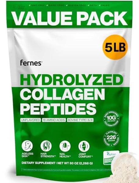 Fernes Collagen Powder for Women Men (5LB) Type I & III Flavorless & Odorless Easy-Mix Hydrolyzed Peptan Protein Peptides Joint Hair Skin & Nail Support Gluten-Free Non-GMO Keto Pa