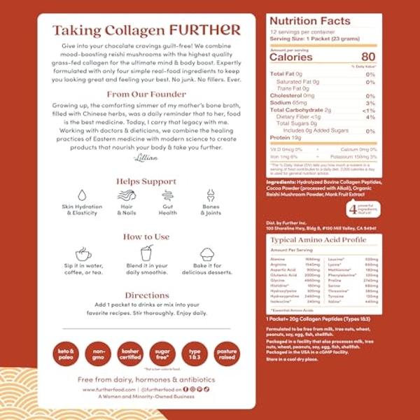 Further Food Chocolate Collagen Peptides Powder Stick Packs, Grass-Fed Pasture-Raised Hydrolyzed Type 1 & 3 Protein, Gut Health + Joint, Hair, Skin, Nails, Paleo Keto Sugar-Free 9.