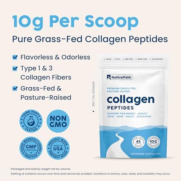 NativePath Collagen Peptides Protein - Hydrolyzed Type 1 & 3 Collagen Powder for Skin, Hair, Nails - 15.9 oz (45 Servings)