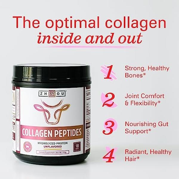 Zhou Collagen Peptides - Pure Hydrolized Collagen Powder for Women & Men, Grass Fed Natural Bovine Collagen for Skin, Hair Growth, Joints & Bones - 18 oz Jar (46 Servings)