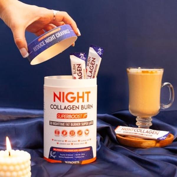 Night Collagen Burn, Nighttime Fat Burner & Weight Loss Support, Natural Deep Sleep SuperLatte, Appetite Suppressant, Skin, Hair, Nails & Joints Support, Superboost 30 Servings