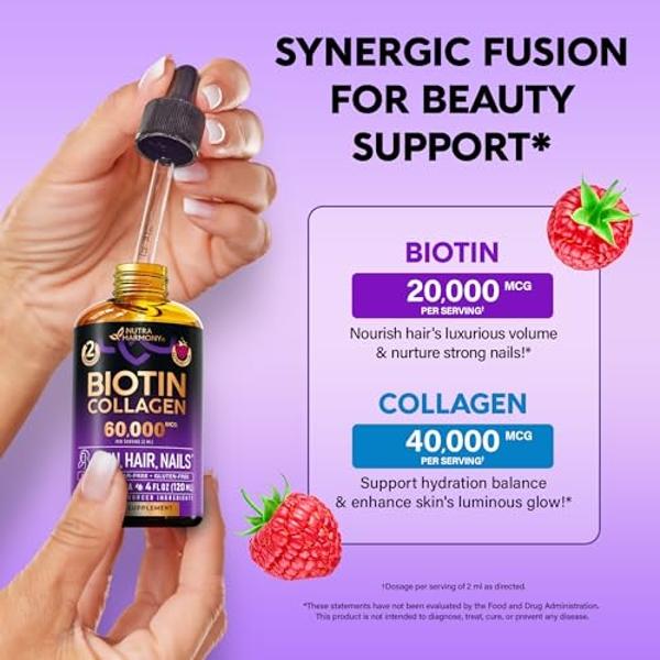 Liquid Biotin & Collagen - Vitamins for Hair Growth Support for Women & Men - Extra Strength 60000 mcg Drops - B7 Supplement - Strong Nails & Healthy Skin - 98% Faster Absorption T