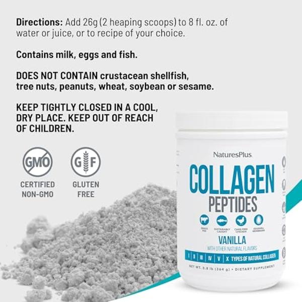 Natures Plus Collagen Peptides, Vanilla - 0.8 lb Powder - Hair, Skin, Nail & Joint Health, Immune System Support - Non-GMO, Gluten Free - 14 Servings