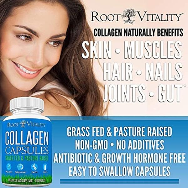 Root Vitality Collagen Peptides Capsules - Grass-Fed, Pasture-Raised Hydrolyzed Protein Supplement for Skin, Hair, & Nails - Non-GMO, Zero Sugar Daily Pills for Men & Women (180 Ca