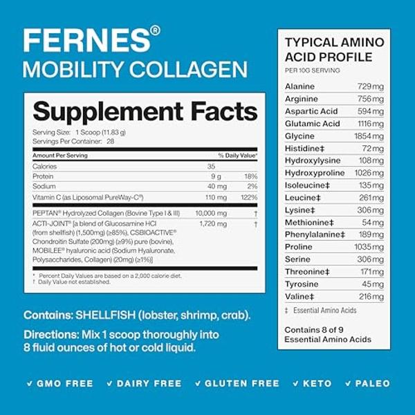 Fernes Mobility Collagen Peptides Powder - Glucosamine, Chondroitin, Hyaluronic Acid & Liposomal Vitamin C Join Bone & Cartilage Support Grass-Fed Type I & III Keto & Paleo 56 Serv