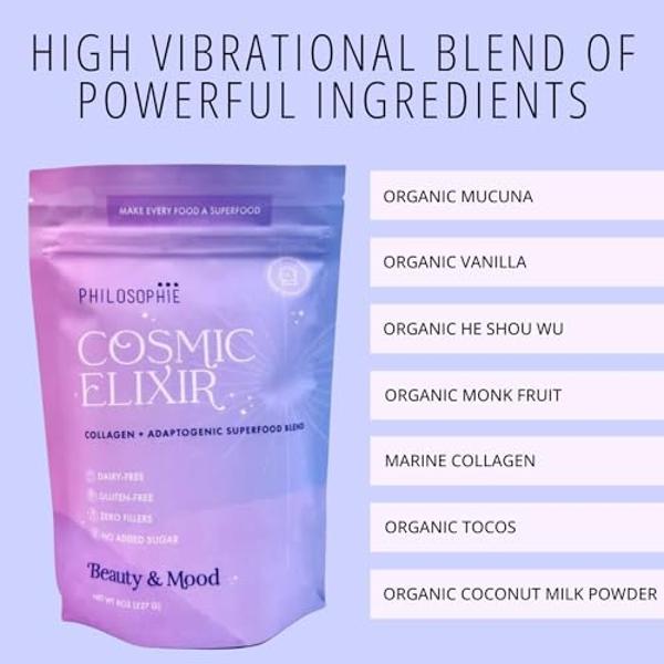 Philosophie Cosmic Elixir Collagen Superfood Blend with Adaptogens – Organic & Unsweetened Powder for Gut Health, Hormone Balance, Joint Support & Skin Vitality – 32 Servings