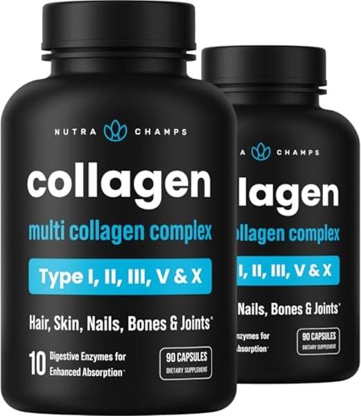 NutraChamps Multi Collagen Pills, Types I,II,III,V,X, Double Hydrolyzed Collagen Peptides Powder Capsules, Protein Supplement for Women & Men, 180 Capsules (Pack of 2)