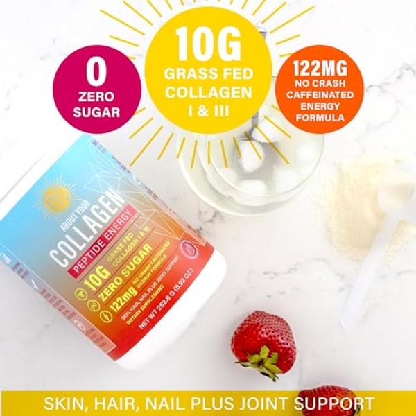 ABOUT YOUR COLLAGEN Peptide Energy Collagen Powder Hair, Nail, Skin, Type I & III,Caffeine for Energy, Vitamin C, Biotin, Hyaluronic Acid, Zero Sugar – 8.92 oz (Peach Bellini)