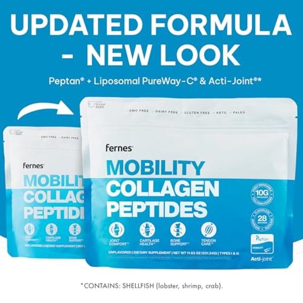 Fernes Mobility Collagen Peptides Powder - Glucosamine, Chondroitin, Hyaluronic Acid & Liposomal Vitamin C Join Bone & Cartilage Support Grass-Fed Type I & III Keto & Paleo 56 Serv