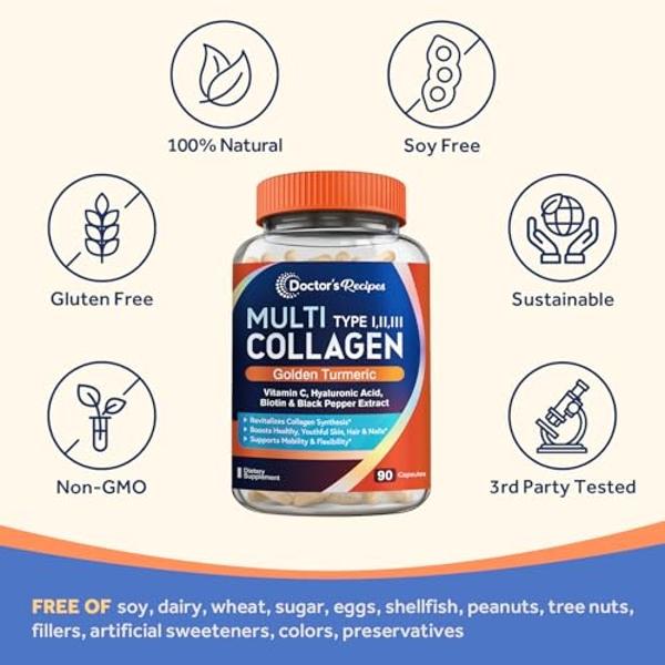 Doctor's Recipes Multi Collagen Peptides with Golden Turmeric, Vitamin C, Biotin, Hyaluronic Acid & Black Pepper, Collagen Supplements for Skin, Hair, Nail, Collagen for Women and 