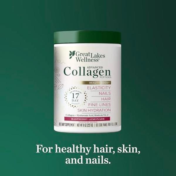 Great Lakes Wellness Beauty Boost Advanced Collagen Peptides Powder with Hyaluronic Acid, Biotin, Vitamin C - Skin Elasticity and Hydration - Raspberry Lemonade Flavor - Non-GMO, K
