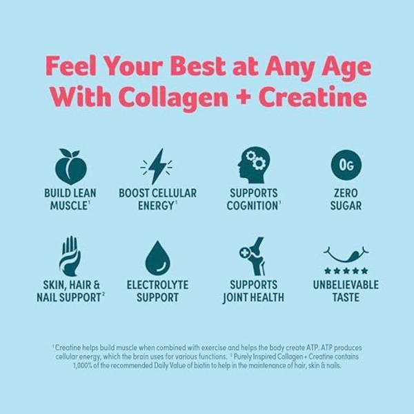 Purely Inspired Collagen and Creatine Powder, Watermelon Strawberry - 10g Collagen & 3g Creatine Builds Lean Muscle - Flavored Drink Mix with Key Electrolytes - Gluten-Free & Zero 
