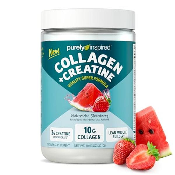 Purely Inspired Collagen and Creatine Powder, Watermelon Strawberry - 10g Collagen & 3g Creatine Builds Lean Muscle - Flavored Drink Mix with Key Electrolytes - Gluten-Free & Zero 