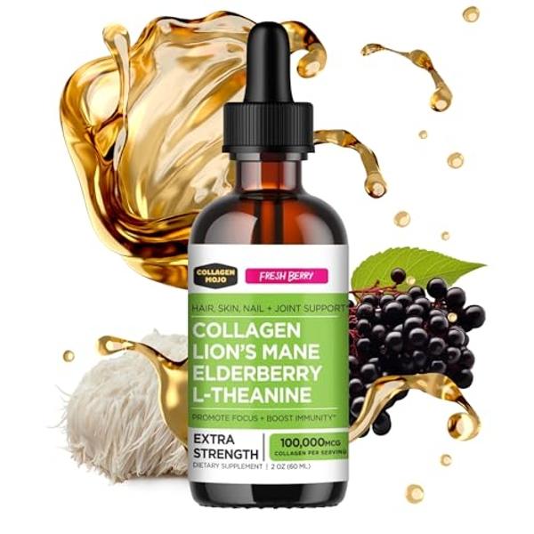 Collagen Mojo - Liquid Collagen for Women & Men, Collagen Peptides with Lion's Mane Mushroom, Elderberry & L-Theanine - Hair, Skin, Nails, Joint Support, Focus, High Absorption - 1