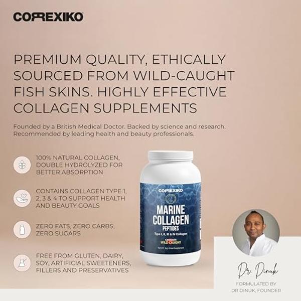 CORREXIKO Premium Marine Collagen Powder Supplement Unflavored - 10,000mg Double Hydrolyzed Collagen Peptides per Serving - Formulated for Maximum Absorption - Hair, Skin & Nails -