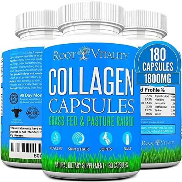 Root Vitality Collagen Peptides Capsules - Grass-Fed, Pasture-Raised Hydrolyzed Protein Supplement for Skin, Hair, & Nails - Non-GMO, Zero Sugar Daily Pills for Men & Women (180 Ca