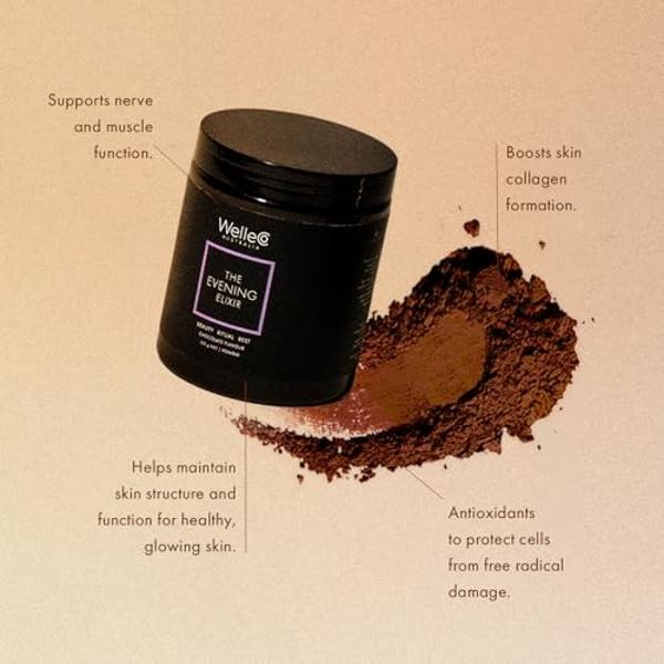WelleCo The Evening Elixir Skin Care Vitamin C Hot Chocolate Beauty Drink Mix with Niacin, Lemon Balm, and Magnesium for Sleep, Collagen Formation, Gluten Free, Vegan, Dairy Free, 