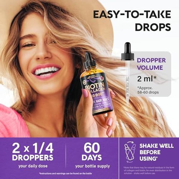Liquid Biotin & Collagen - Vitamins for Hair Growth Support for Women & Men - Extra Strength 60000 mcg Drops - B7 Supplement - Strong Nails & Healthy Skin - 98% Faster Absorption T