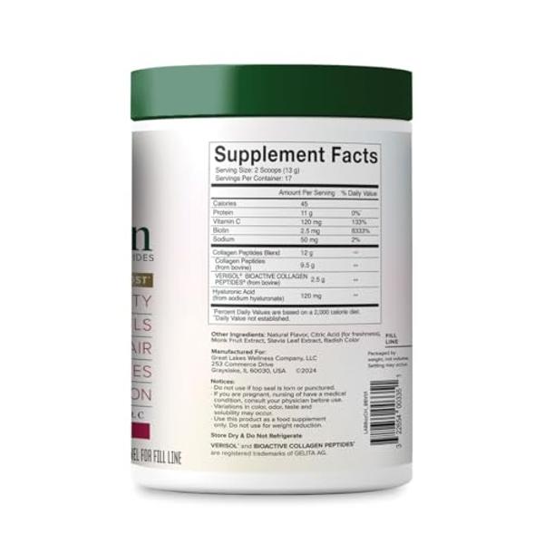 Great Lakes Wellness Beauty Boost Advanced Collagen Peptides Powder with Hyaluronic Acid, Biotin, Vitamin C - Skin Elasticity and Hydration - Raspberry Lemonade Flavor - Non-GMO, K