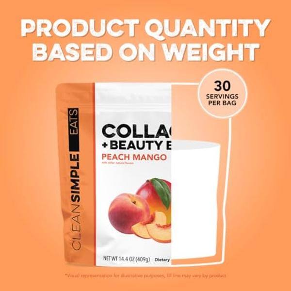 Clean Simple Eats Peach Mango Super Collagen, Grass-Fed, Hydrolyzed Types I, II, & III Collagen, 30 Servings