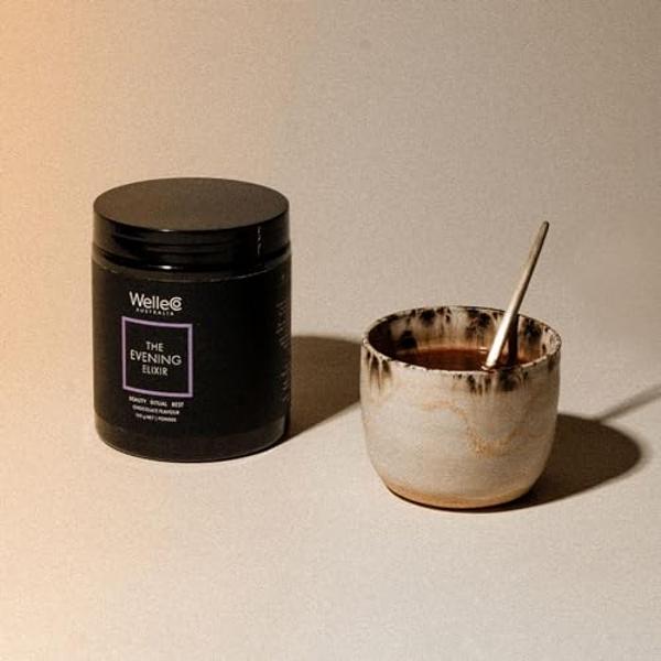 WelleCo The Evening Elixir Skin Care Vitamin C Hot Chocolate Beauty Drink Mix with Niacin, Lemon Balm, and Magnesium for Sleep, Collagen Formation, Gluten Free, Vegan, Dairy Free, 