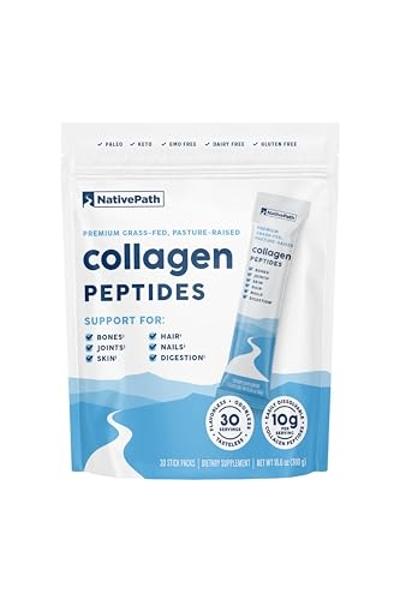 NativePath Collagen Peptides Protein Stick Packs - Hydrolyzed Type 1 & 3 Collagen Powder for Skin, Hair, Nails - 30 Servings