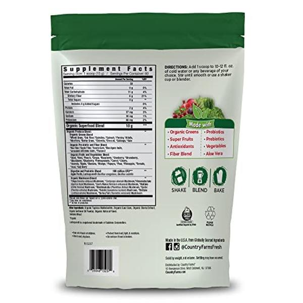 COUNTRY FARMS Super Greens Natural Flavor, 50 Organic Super Foods, USDA Organic Drink Mix, Fruits, Vegetables, Super Greens, with Fiber, Mushrooms & Probiotics, Supports Energy, 60