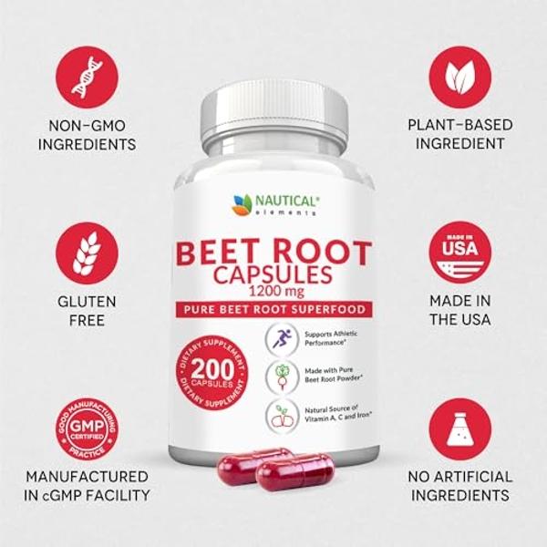 Beet Root Capsules - 1200mg Per Serving - 200 Beet Root Powder Capsules - Beetroot Powder Supports Blood Pressure, Athletic Performance, Digestive, Immune System (Pure, Non-GMO & G